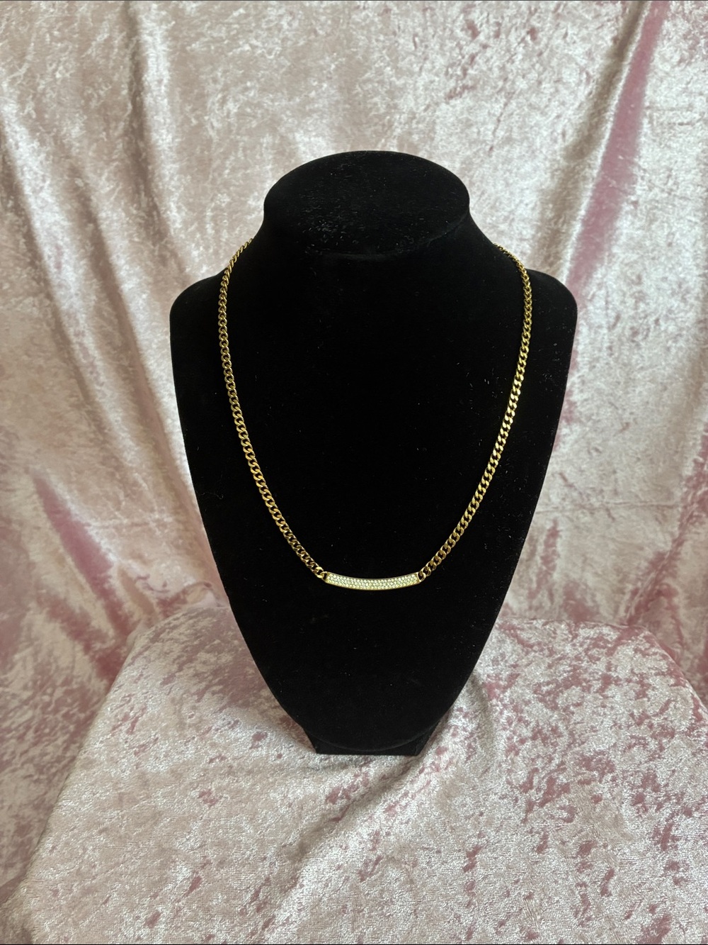 Vintage MK 1981 Gold Pave Bar Curb Chain Necklace - Women Jewelry